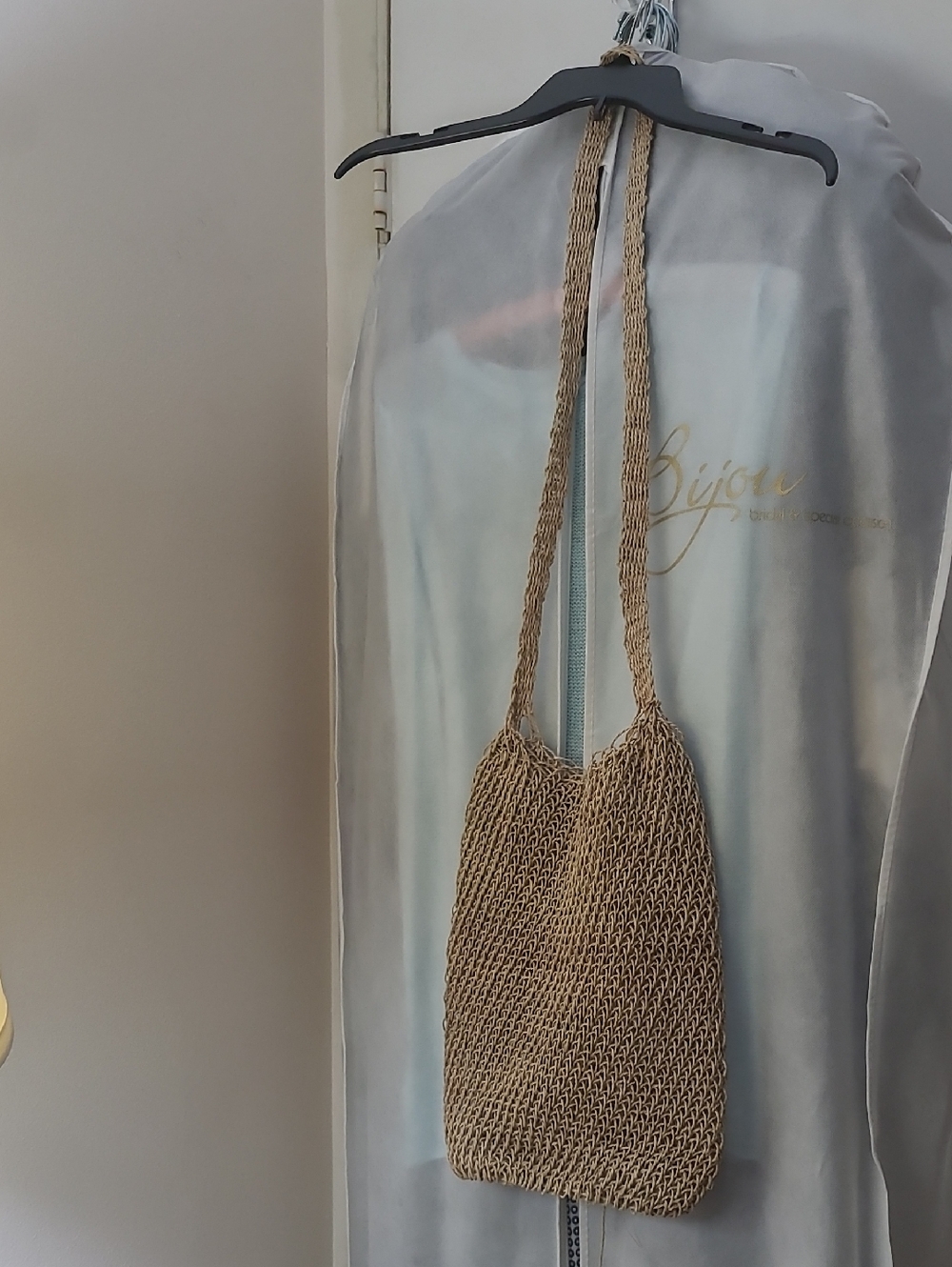 Hand Crafted Knitted Straw Shoulder Bag - Natural Tan